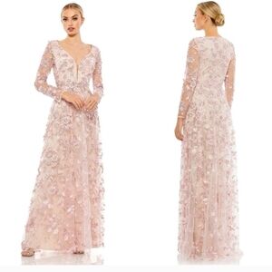 Mac Duggal Blush Floral Lace Long Sleeve Gown